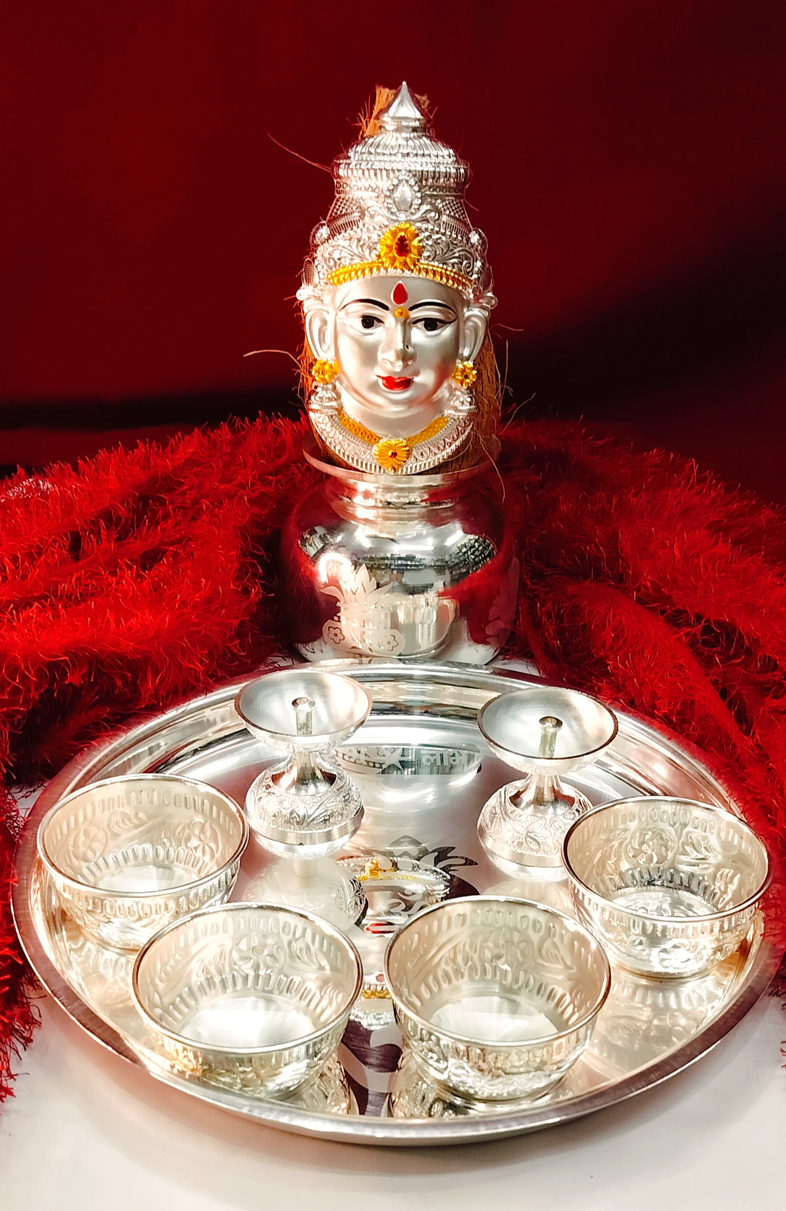 German Silver Pooja Thali Set – 9 Pieces with Lakshmi Face for Varalakshmi Puja & Diwali Rituals