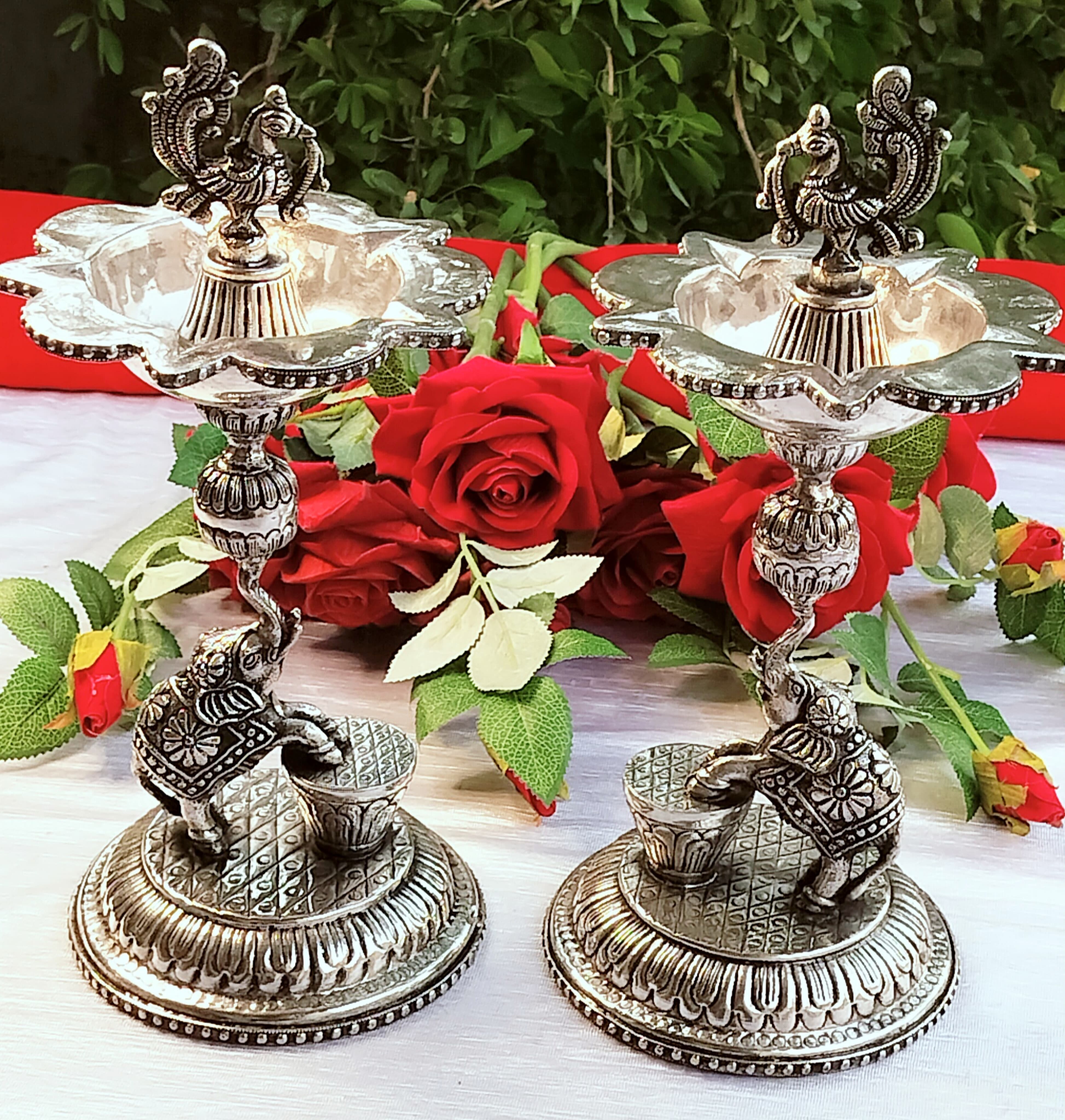 German Silver Elephant Diya Set – 12 Inch for Housewarming & Diwali Pooja Décor