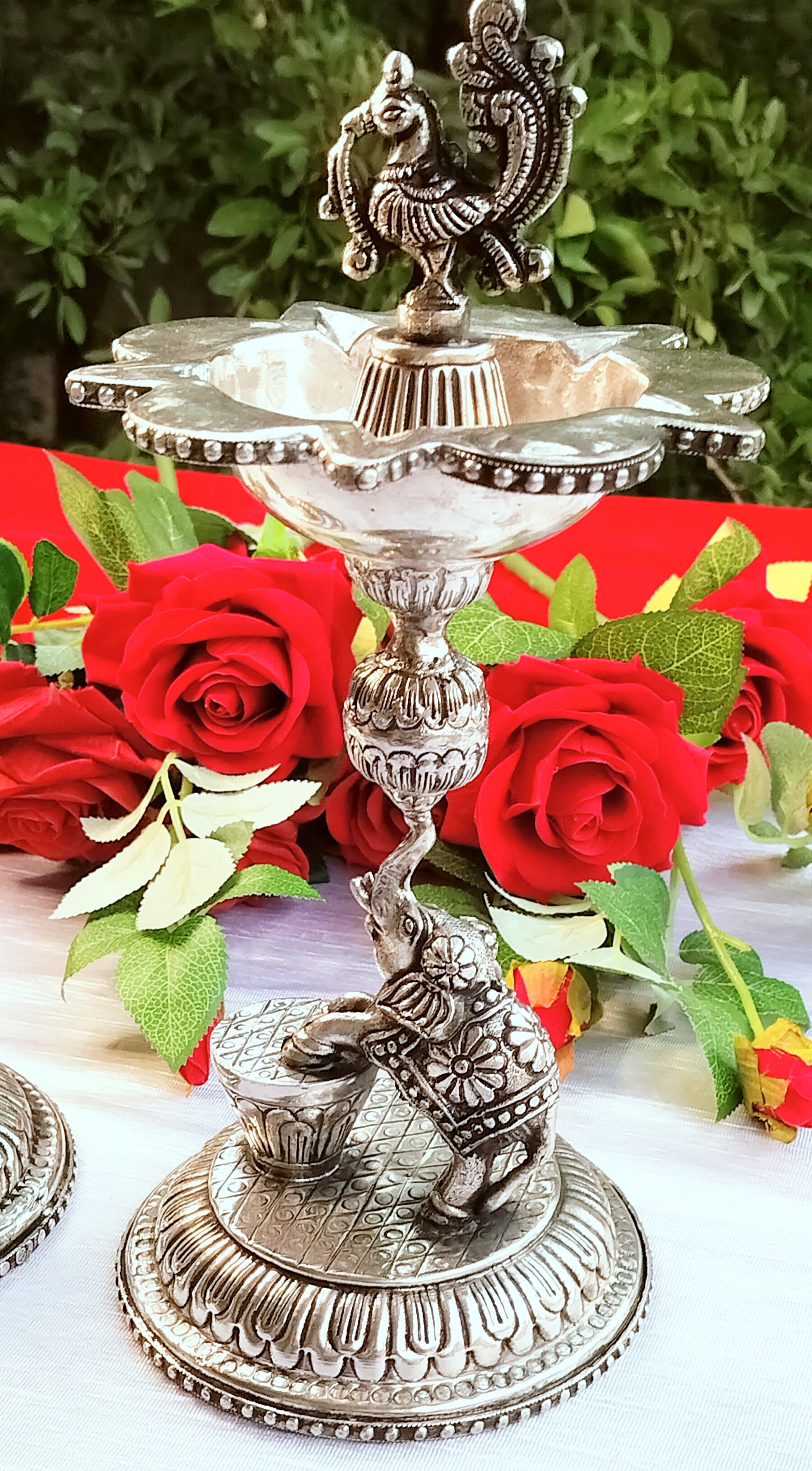 German Silver Elephant Diya Set – 12 Inch for Housewarming & Diwali Pooja Décor