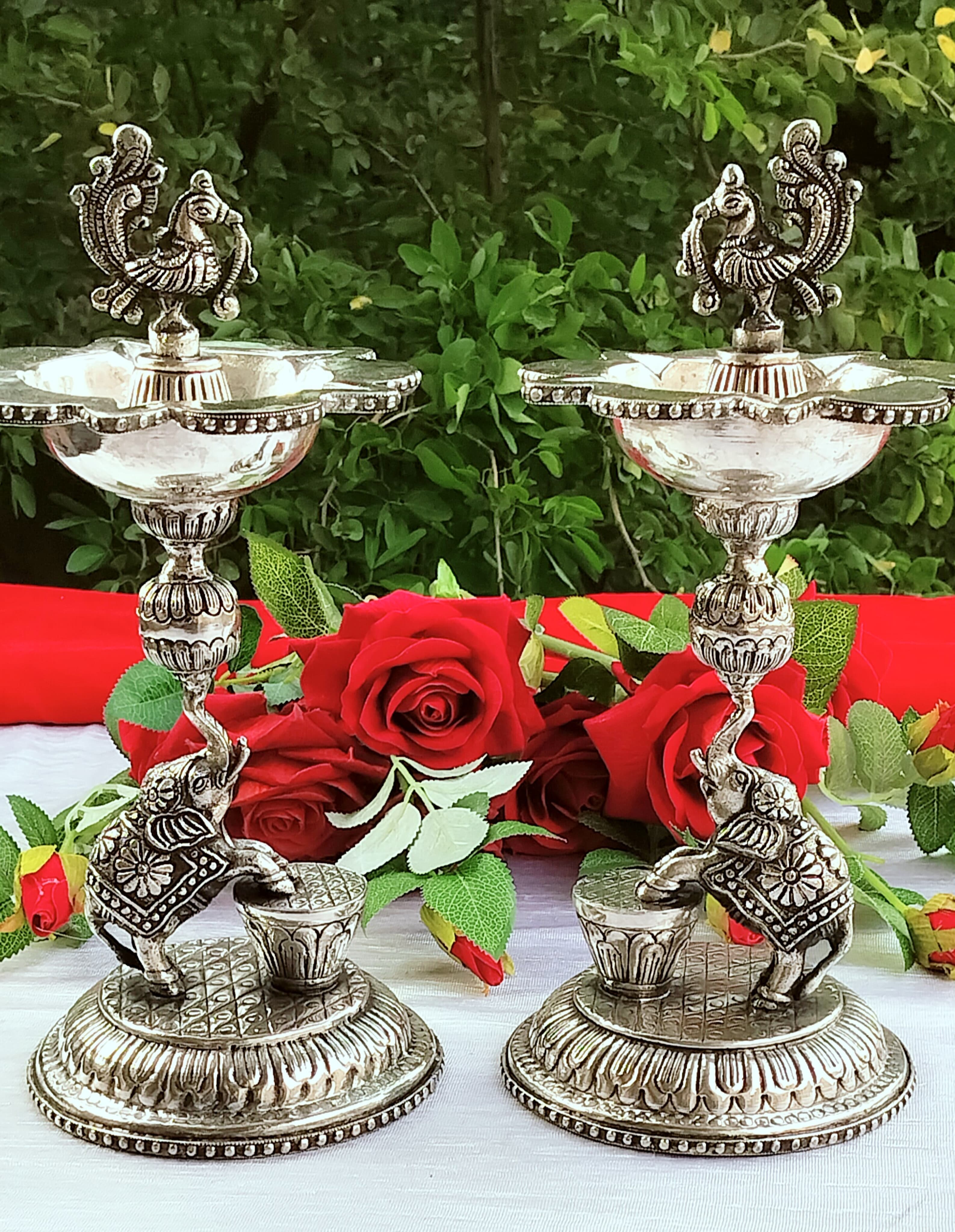 German Silver Elephant Diya Set – 12 Inch for Housewarming & Diwali Pooja Décor