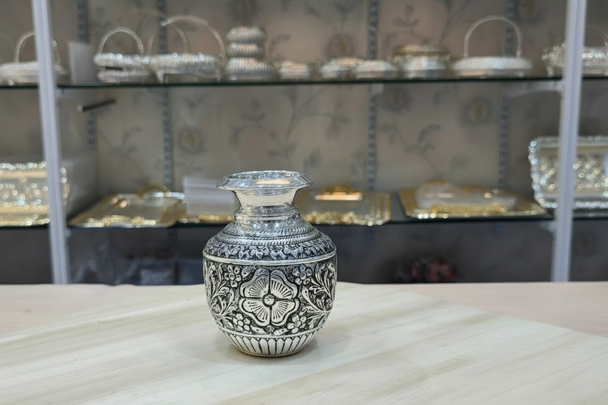 German Silver Antique Finish Nakashi Flower Kalash for Diwali & Varalakshmi Puja