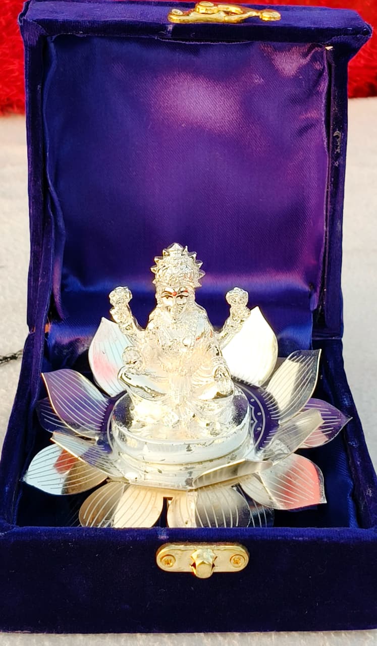 German Silver Small silver Lotus Stand 4" with Lakshmi Idol – Auspicious Pooja Décor for varalakshmi festival