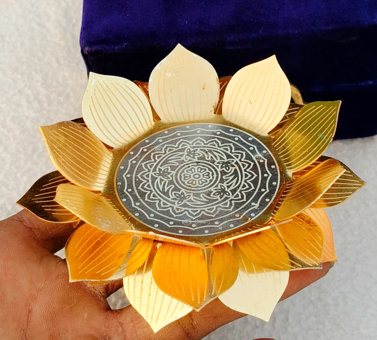 German Silver Small golden Lotus Stand 4" with Lakshmi Idol – Auspicious Pooja Décor for varalakshmi festival