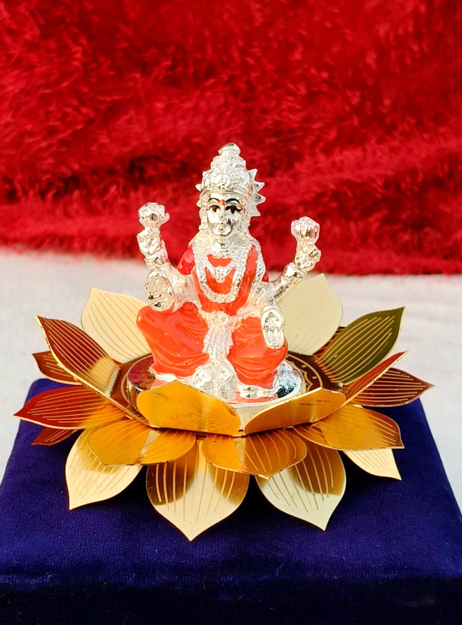 German Silver Small golden Lotus Stand 4" with Lakshmi Idol – Auspicious Pooja Décor for varalakshmi festival