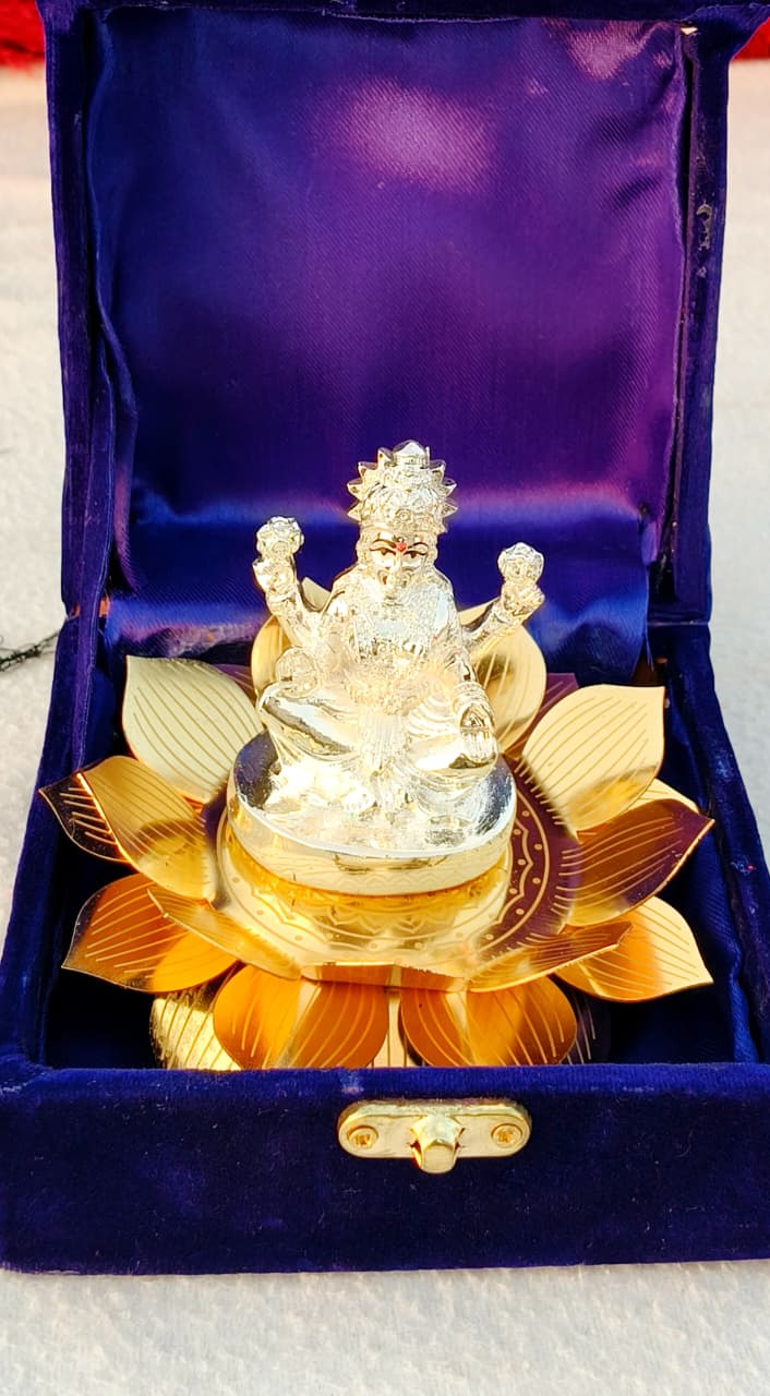 German Silver Small golden Lotus Stand 4" with Lakshmi Idol – Auspicious Pooja Décor for varalakshmi festival