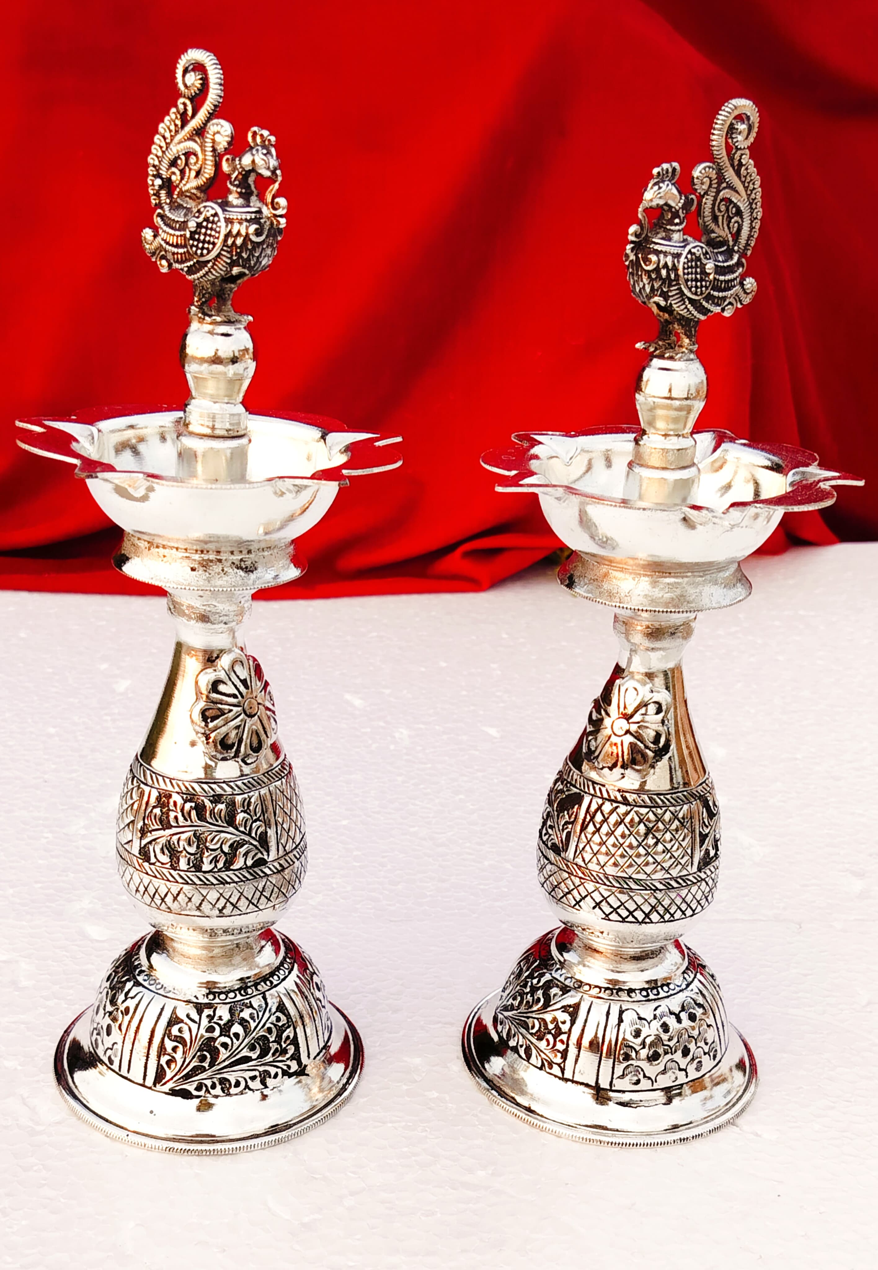 German Silver Peacock Diya 11.5" – Elegant Home & Diwali Décor