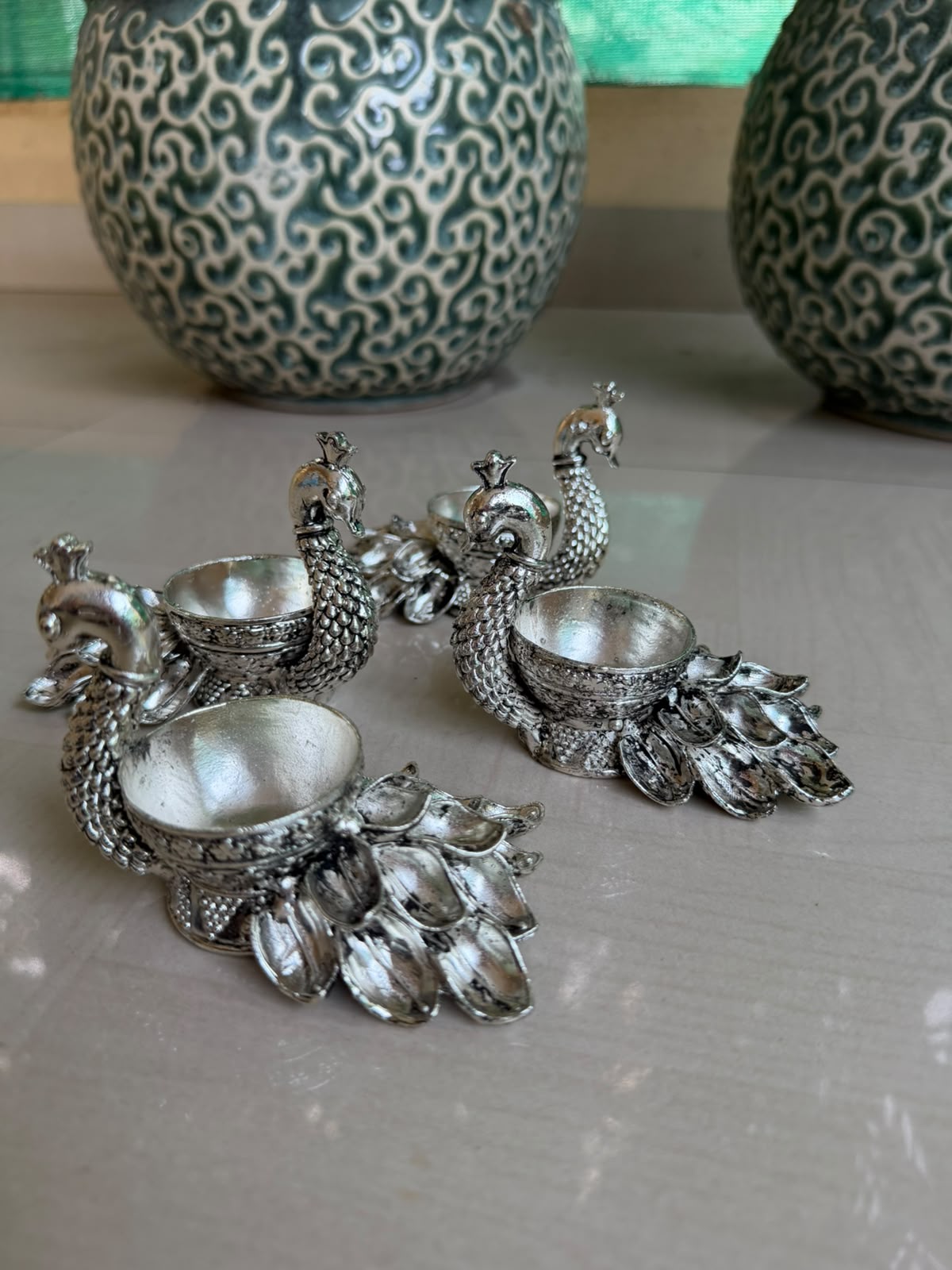 German Silver Set of 4 Peacock Diyas – Home Décor, Vara Lakshmi Festival & Diwali