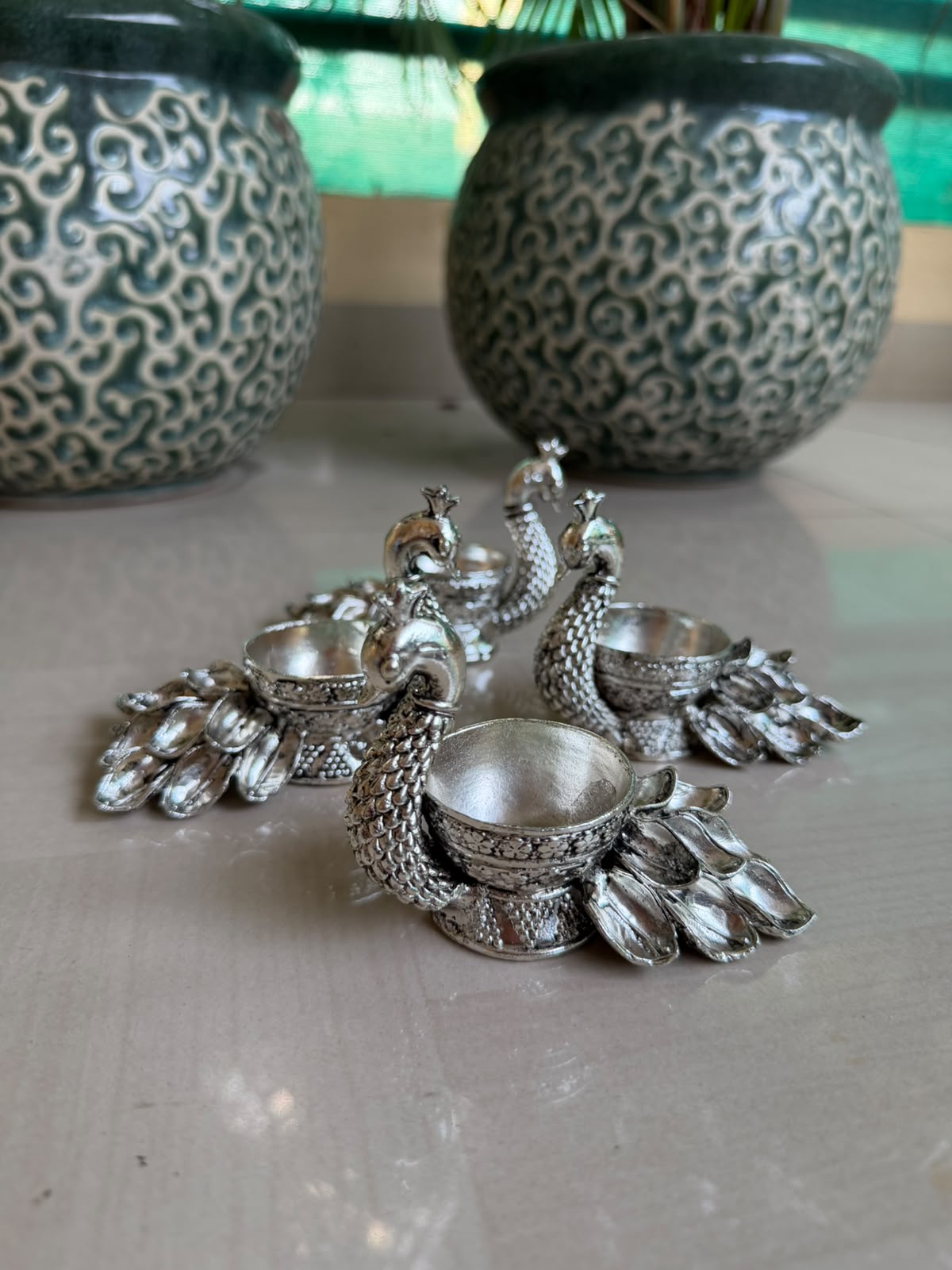 German Silver Set of 4 Peacock Diyas – Home Décor, Vara Lakshmi Festival & Diwali