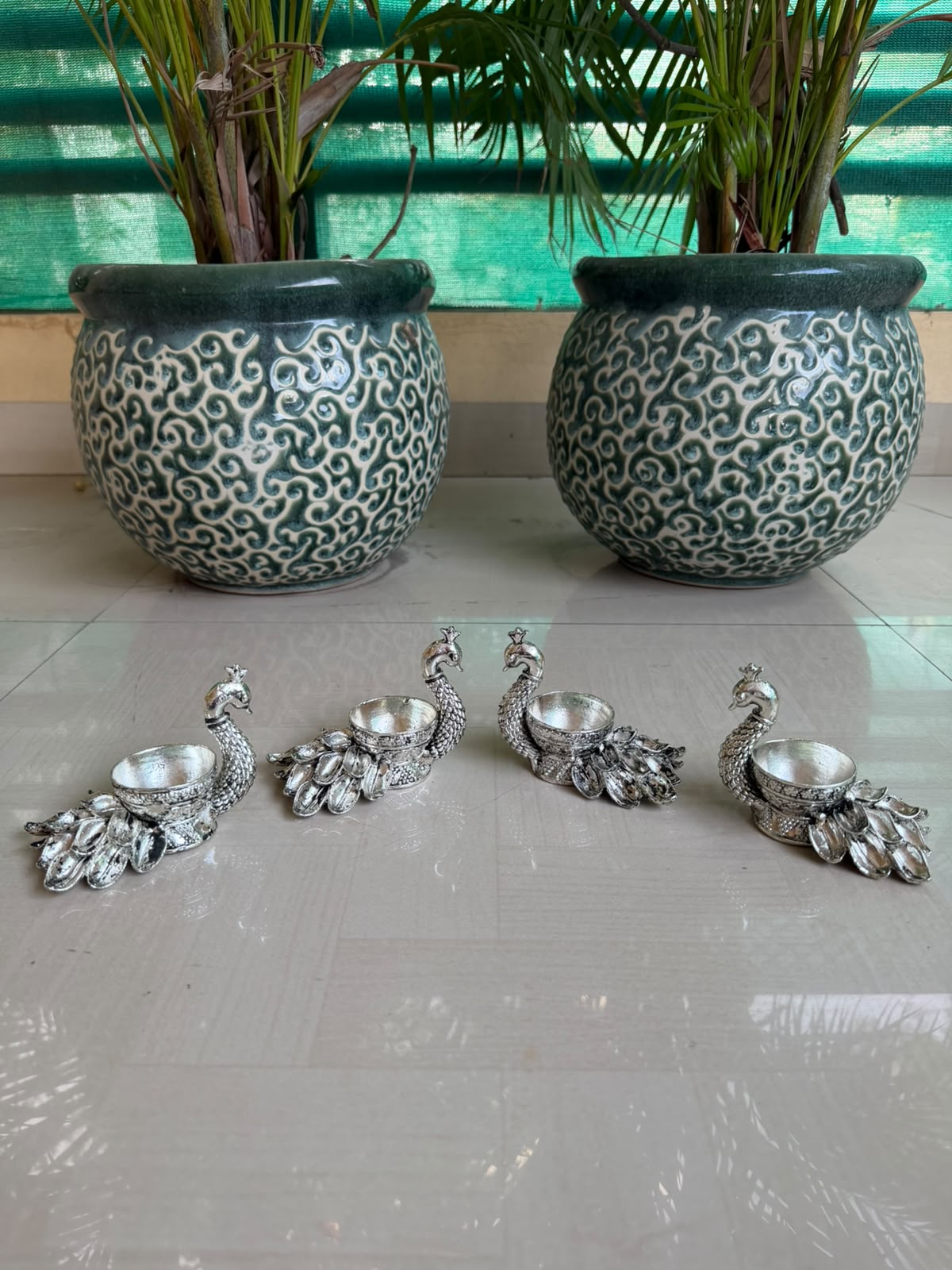 German Silver Set of 4 Peacock Diyas – Home Décor, Vara Lakshmi Festival & Diwali
