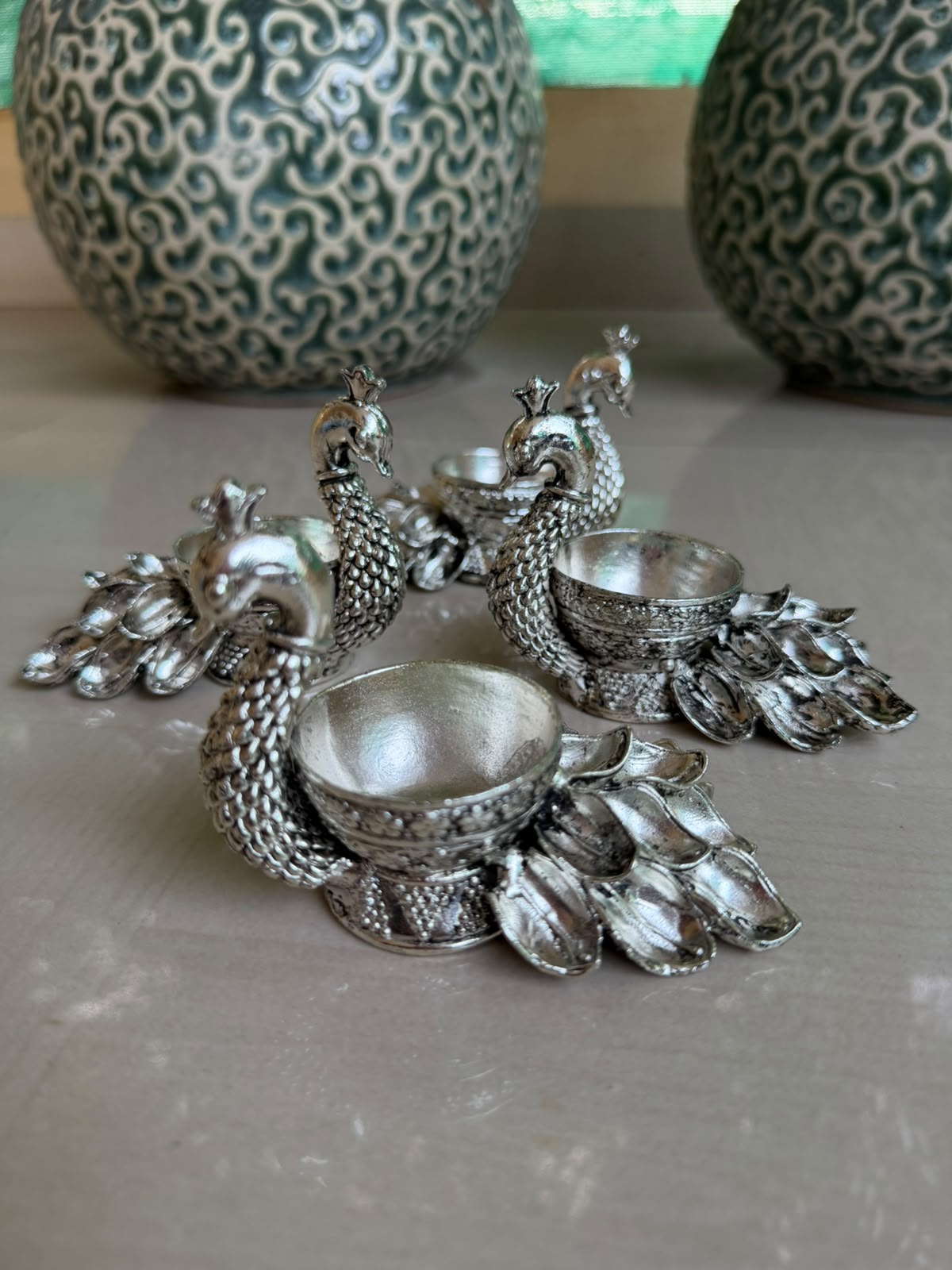 German Silver Set of 4 Peacock Diyas – Home Décor, Vara Lakshmi Festival & Diwali