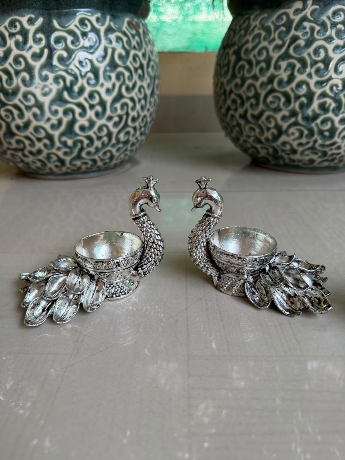 German Silver Set of 4 Peacock Diyas – Home Décor, Vara Lakshmi Festival & Diwali