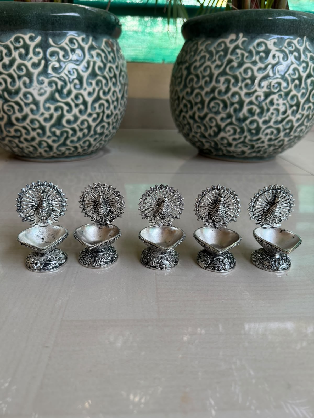 German Silver Dancing Peacock Diya – Set of 4 Elegant Pooja Décor