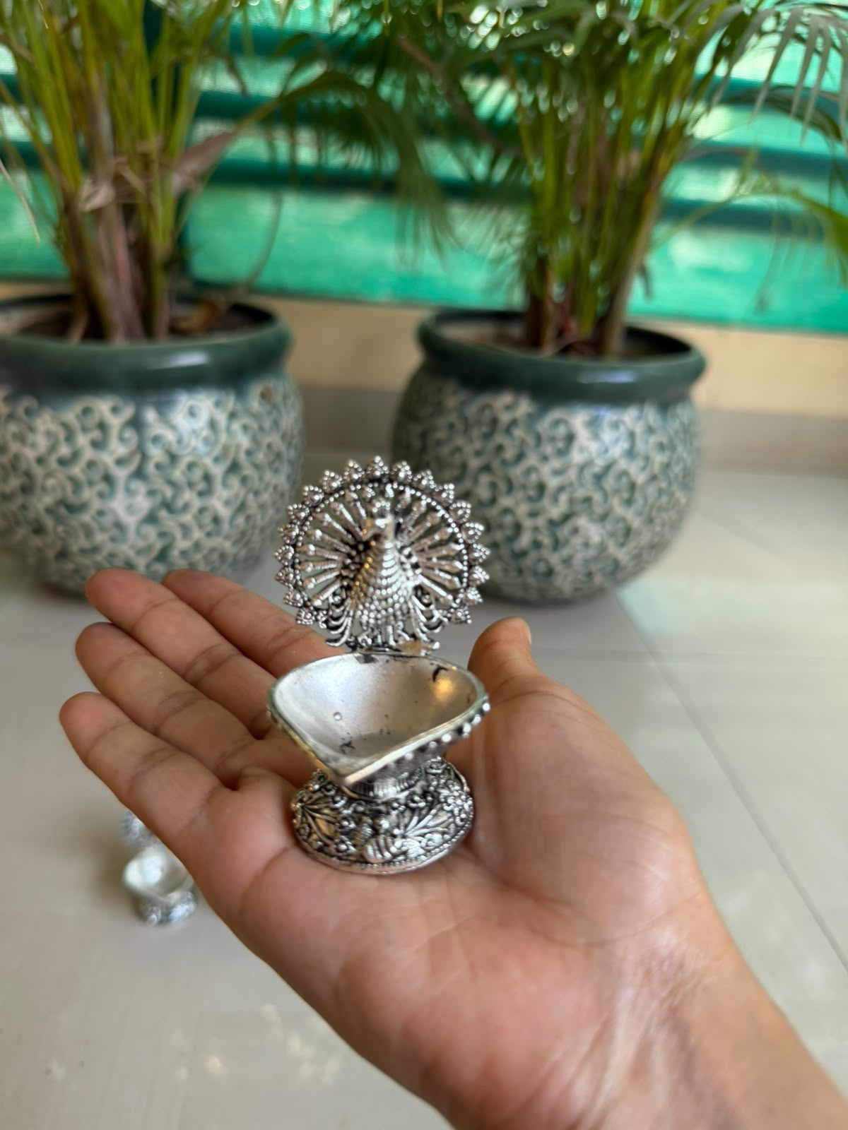 German Silver Dancing Peacock Diya – Set of 4 Elegant Pooja Décor