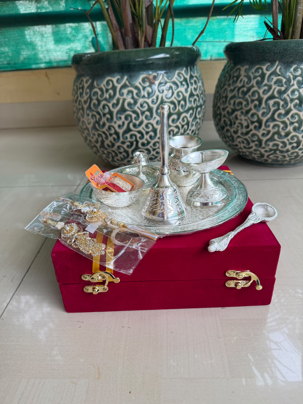 German Silver Pooja Thali Set – 9 Items in Velvet Gift Box for Raksha Bandhan
