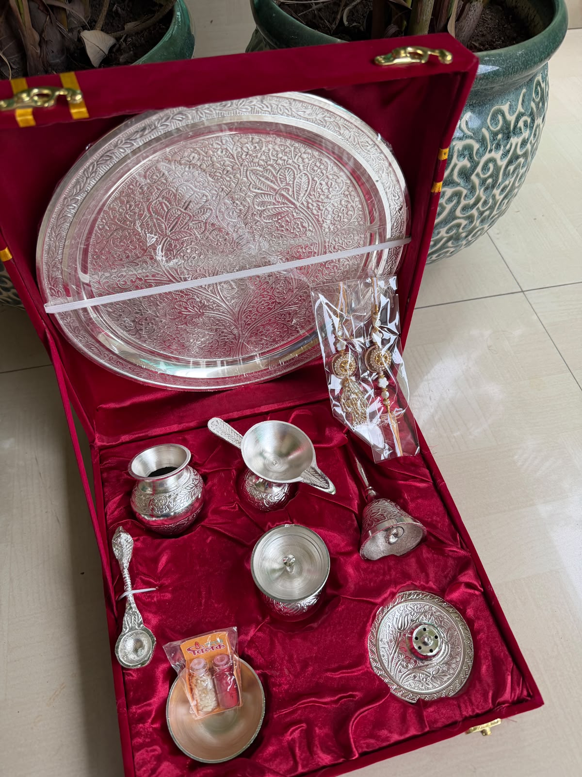 German Silver Pooja Thali Set – 10 Items in Velvet Gift Box for Raksha Bandhan