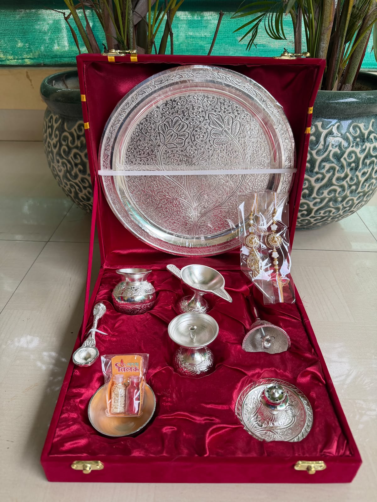 German Silver Pooja Thali Set – 10 Items in Velvet Gift Box for Raksha Bandhan