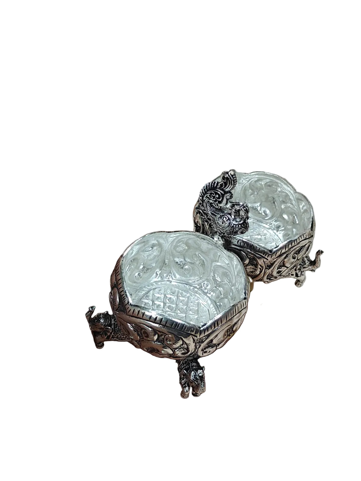 German Silver Kumkum Bowl Set – Antique Finish with Elephant Legs