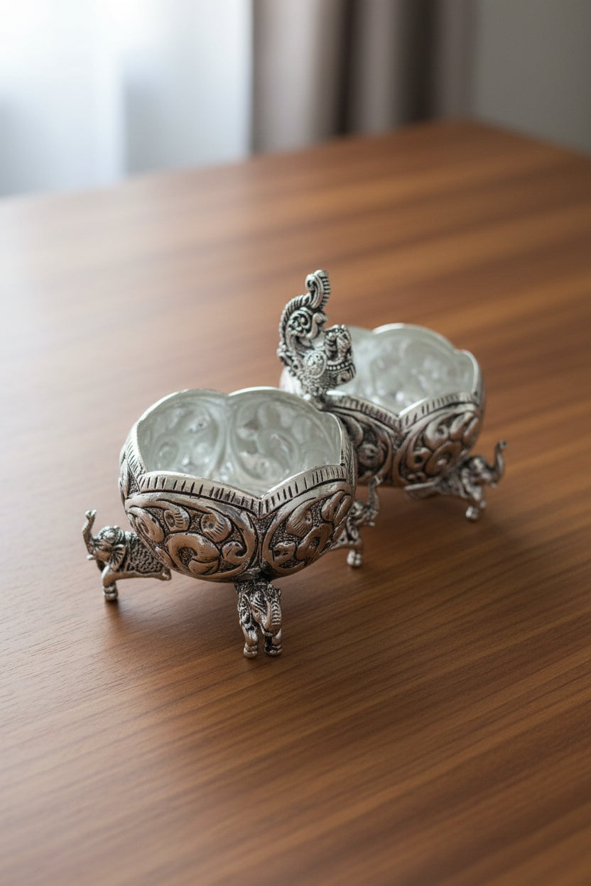 German Silver Kumkum Bowl Set – Antique Finish with Elephant Legs