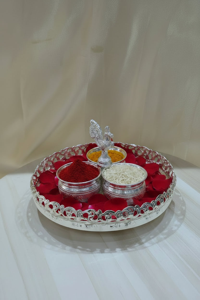 German Silver Designer Tray with Kumkum Bowl Set – Elegant Pooja & Festive Décor