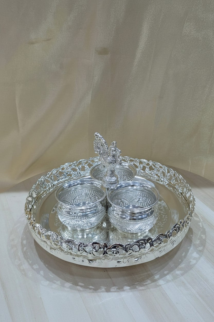 German Silver Designer Tray with Kumkum Bowl Set – Elegant Pooja & Festive Décor