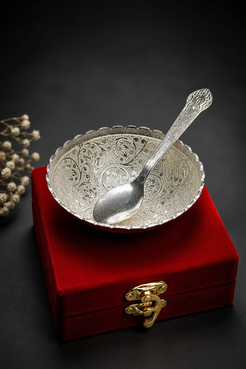 German Silver Fully Carved Bowl with Spoon – Velvet Gift Box