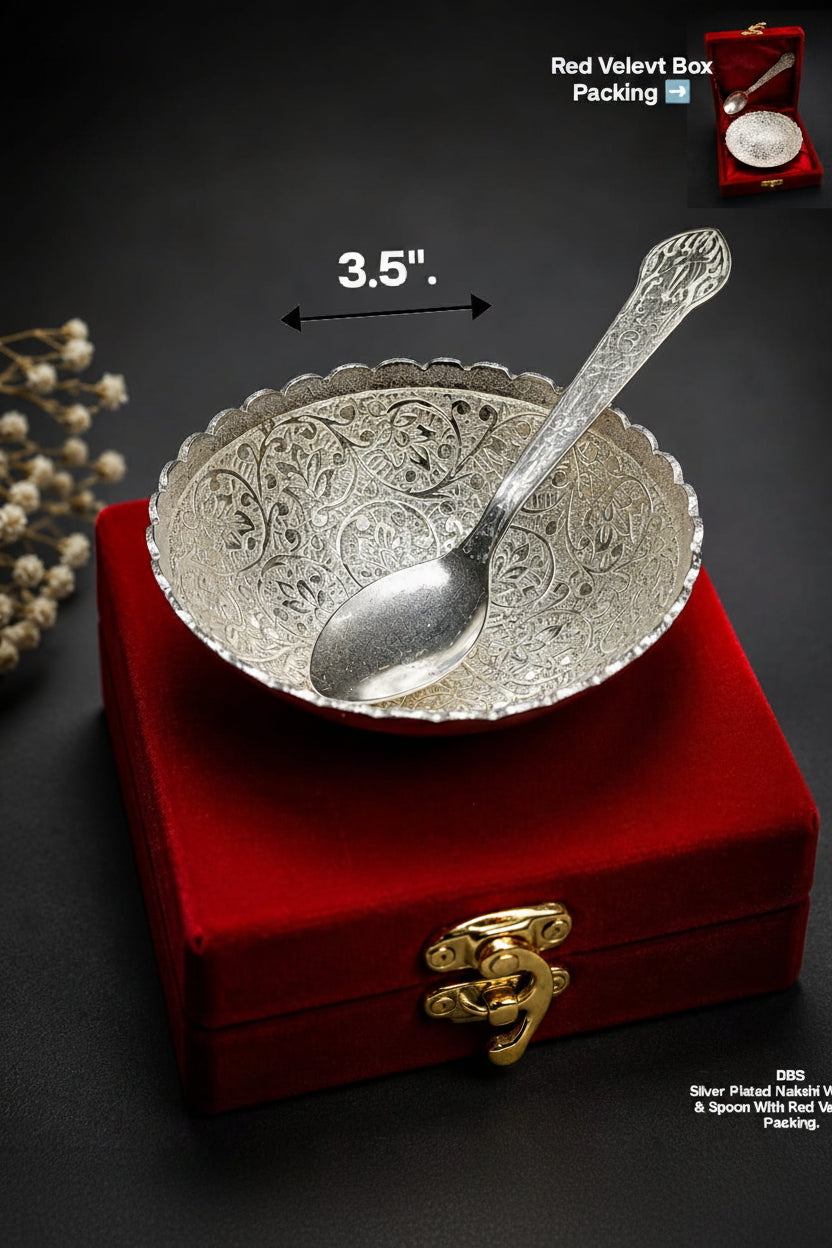 German Silver Fully Carved Bowl with Spoon – Velvet Gift Box