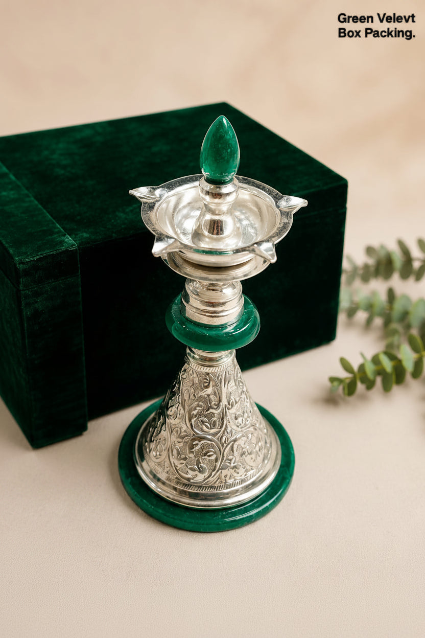 German Silver Green Peacock Diya – Velvet Gift Box, 2 piece