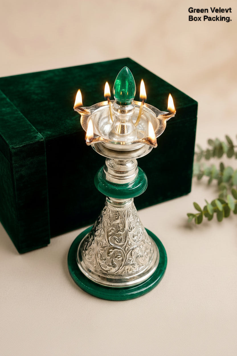 German Silver Green Peacock Diya – Velvet Gift Box, 1 piece
