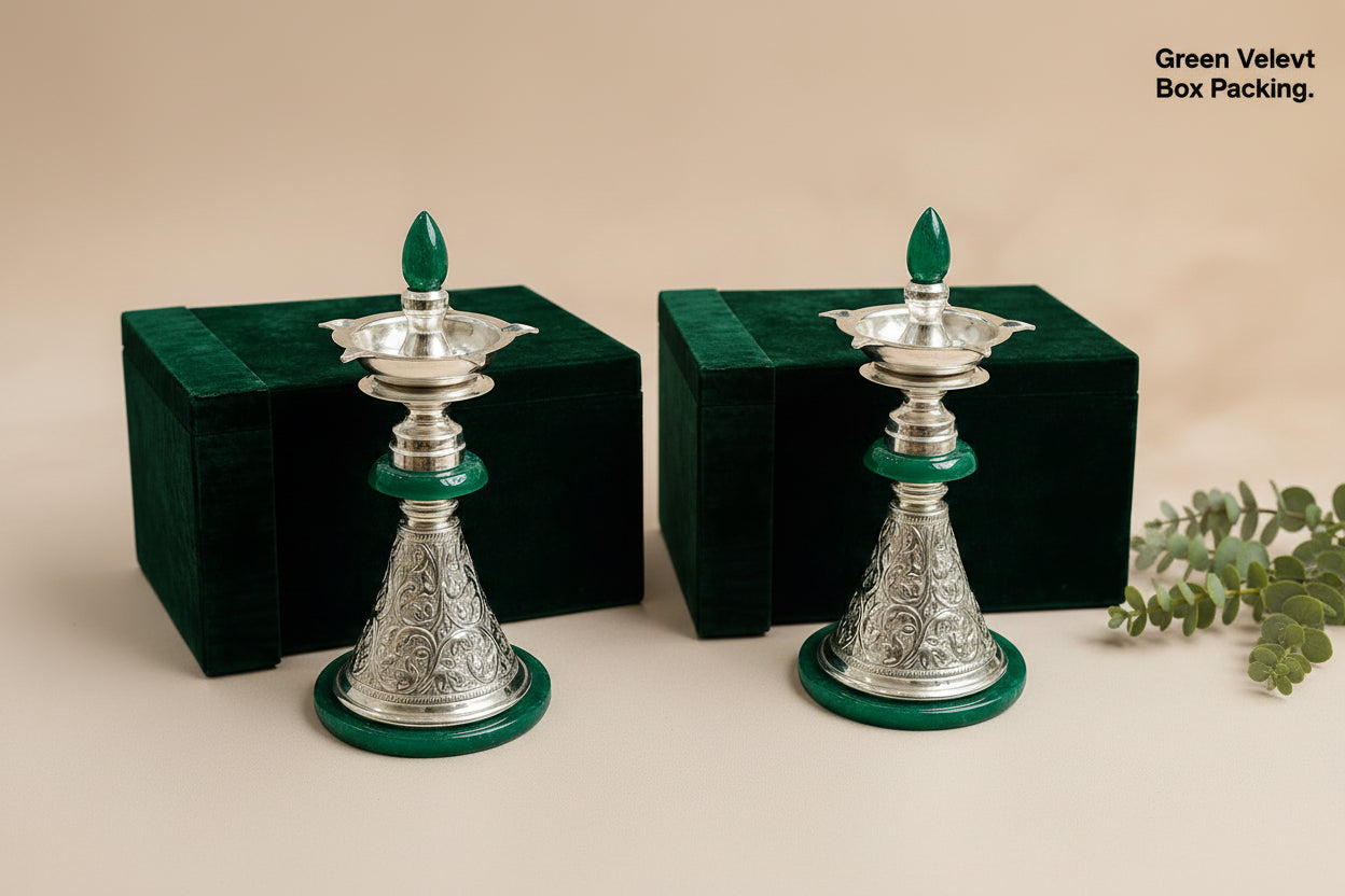 German Silver Green Peacock Diya – Velvet Gift Box, 2 piece