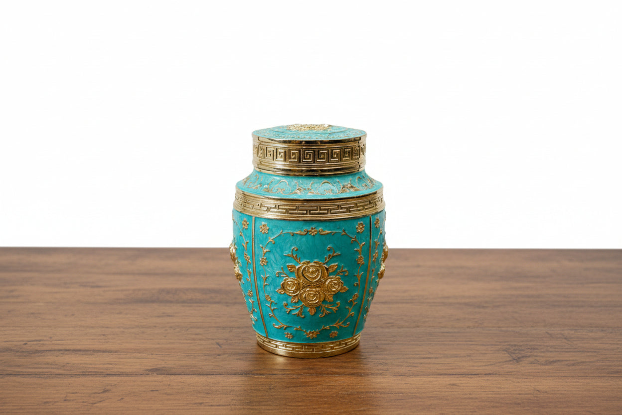 Silver Plated Nakshi Work Blue Enamel Jar – Flower Design (1 Piece)