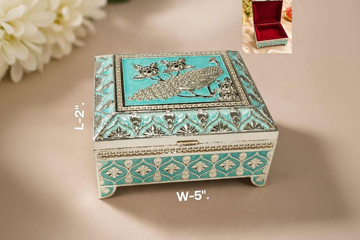 Silver Plated Nakshi Work Blue Enamel Jewellery Box – Elegant Flower Design