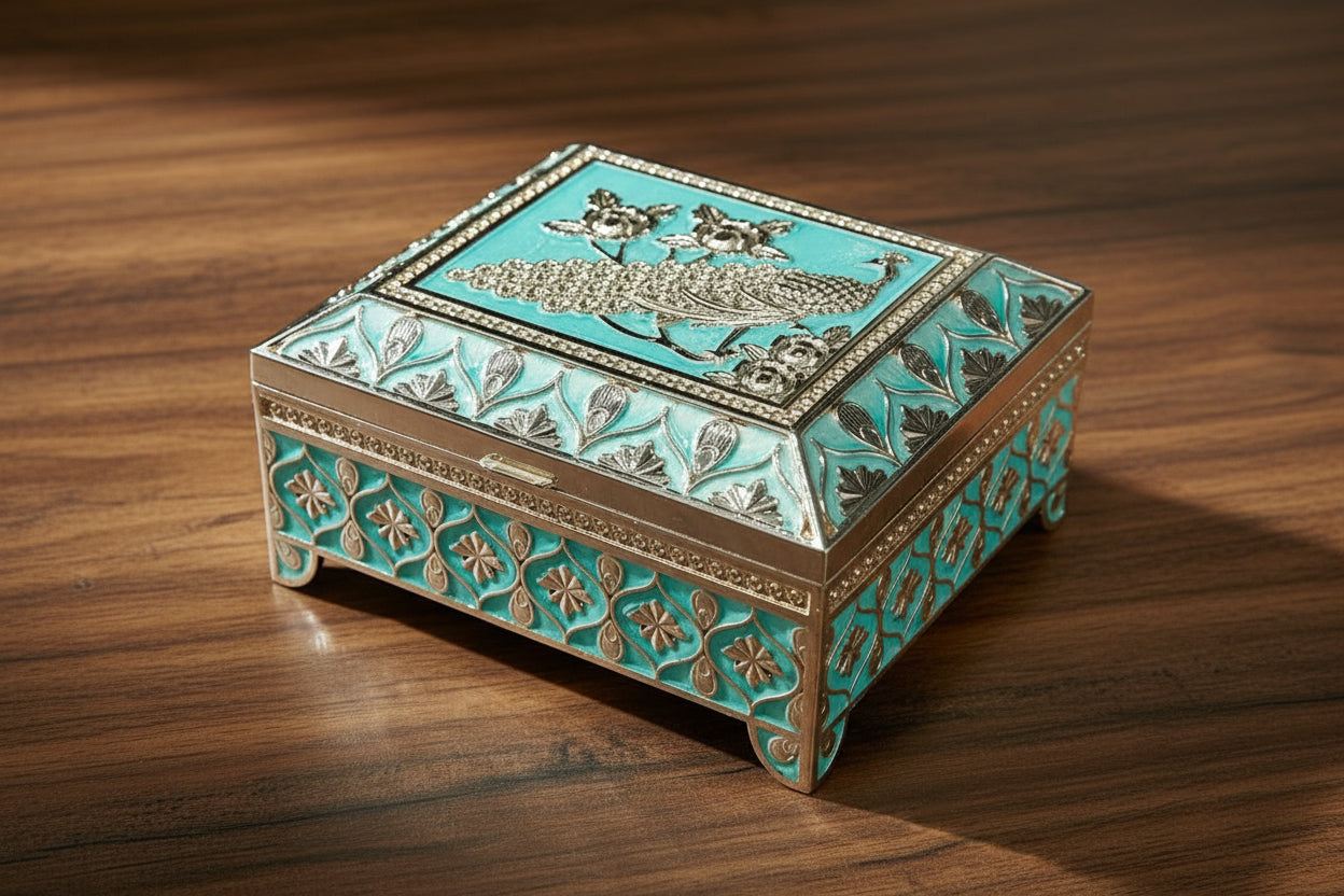 Silver Plated Nakshi Work Blue Enamel Jewellery Box – Elegant Flower Design