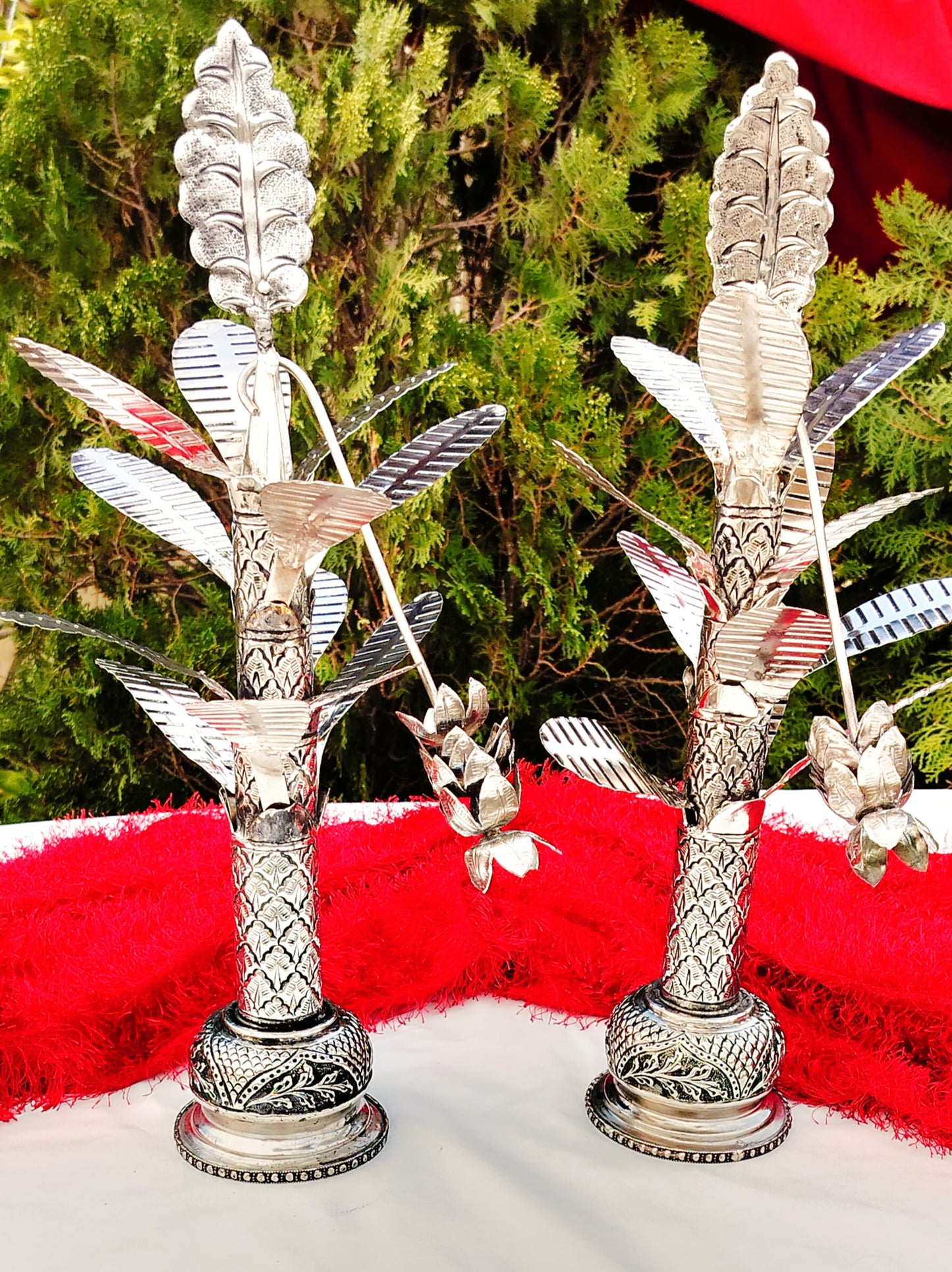 Antique finish German silver banana tree pair , size : 18" for housewarming/diwali/ home décor/ pooja