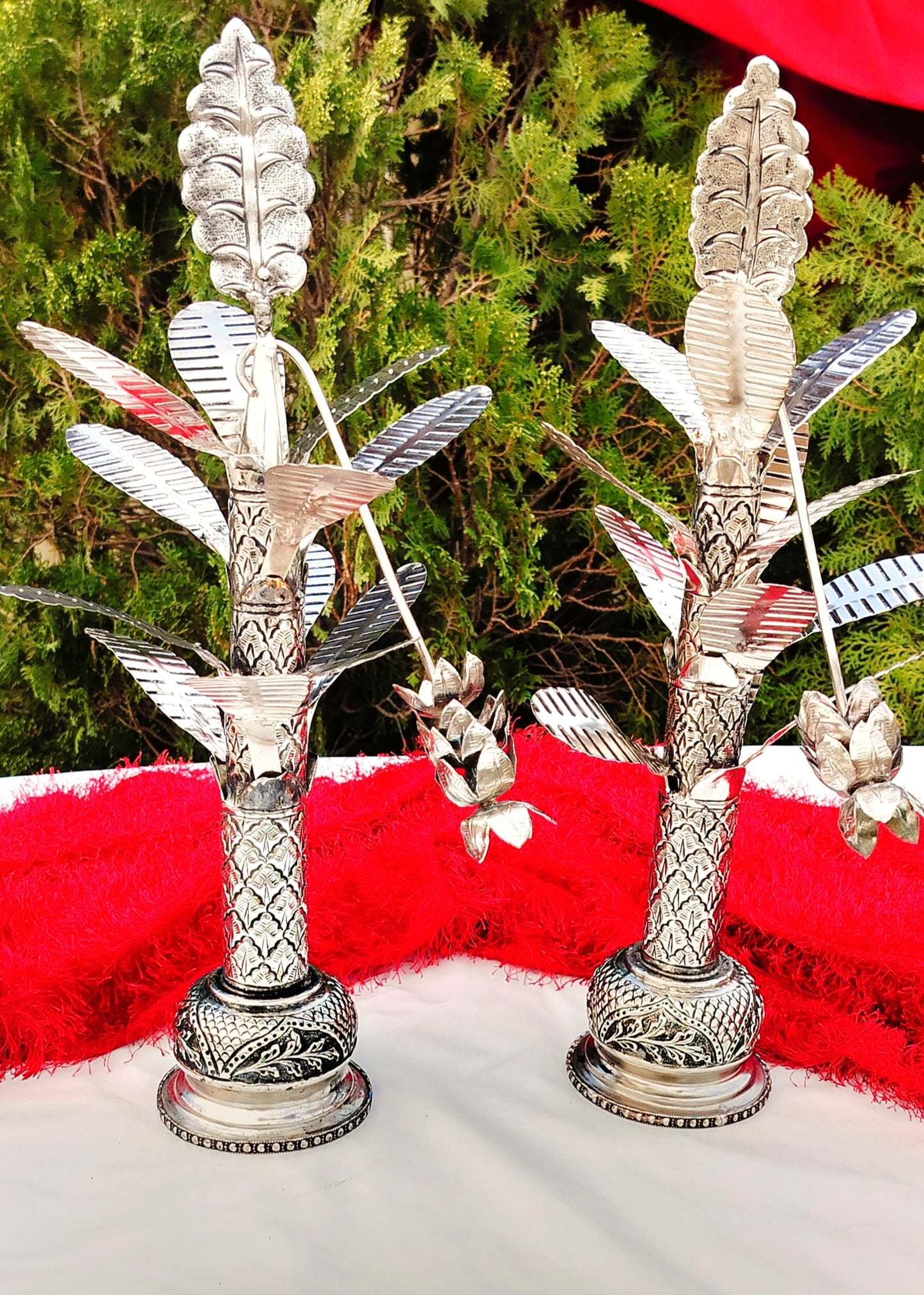 Antique finish German silver banana tree pair , size : 18" for housewarming/diwali/ home décor/ pooja