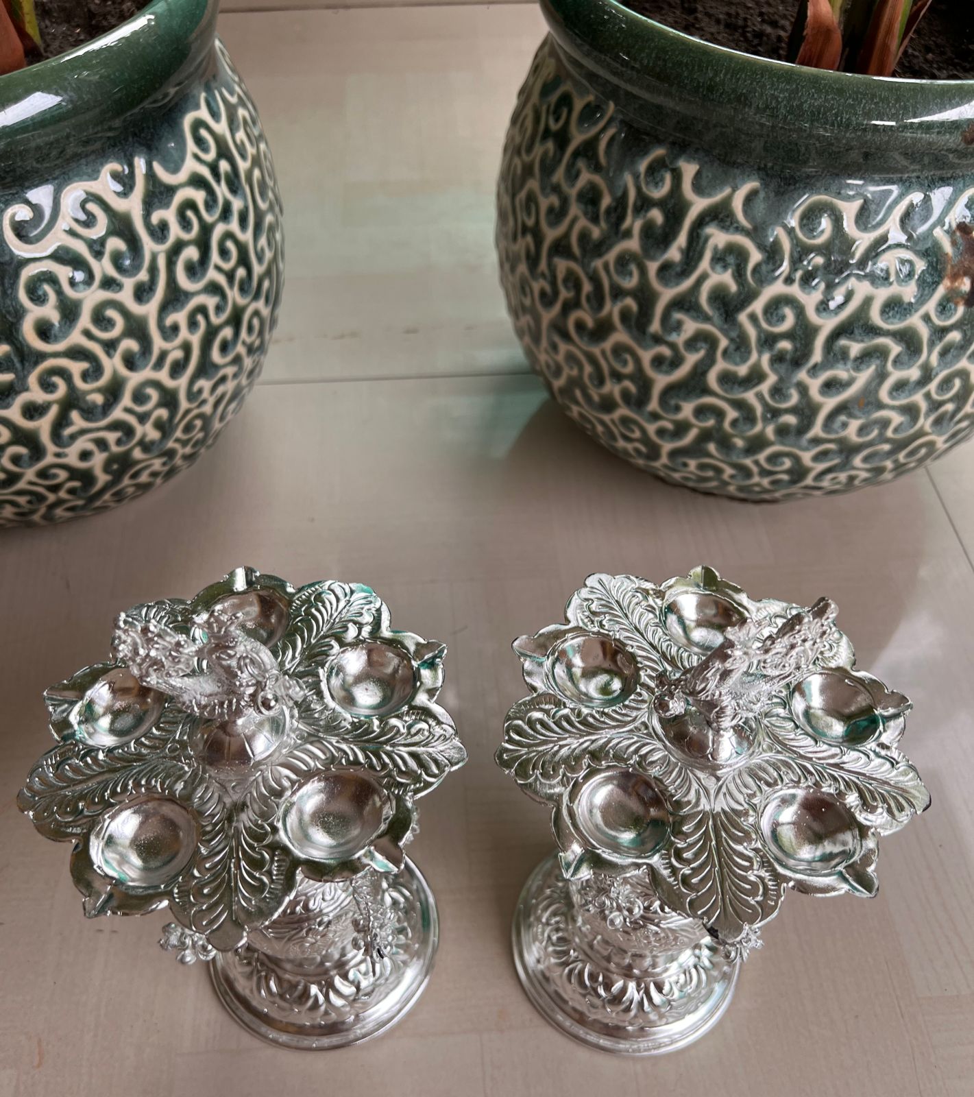 German Silver Set of 2 panchmukhi/5 Faces Peacock Diya Pair Set