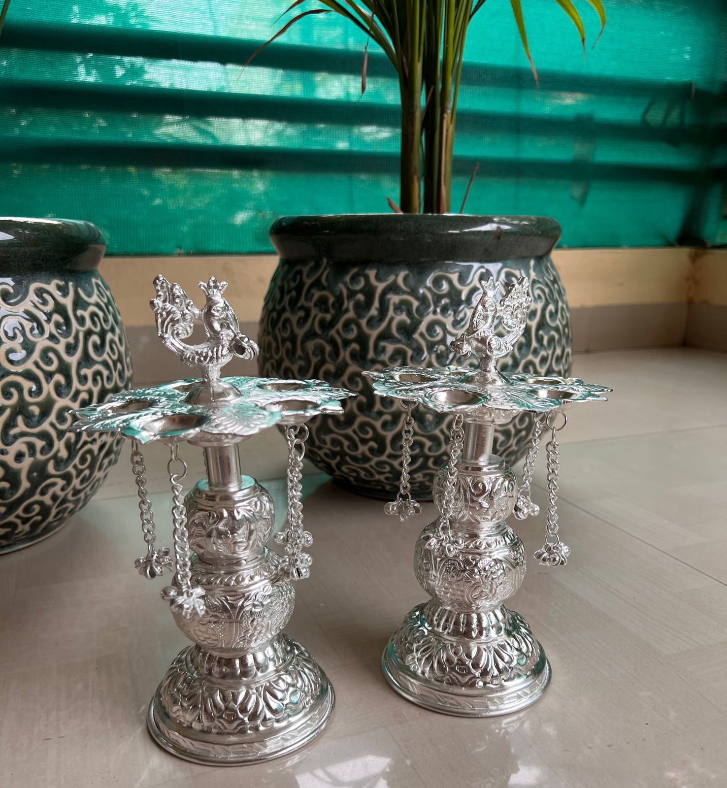 German Silver Set of 2 panchmukhi/5 Faces Peacock Diya Pair Set