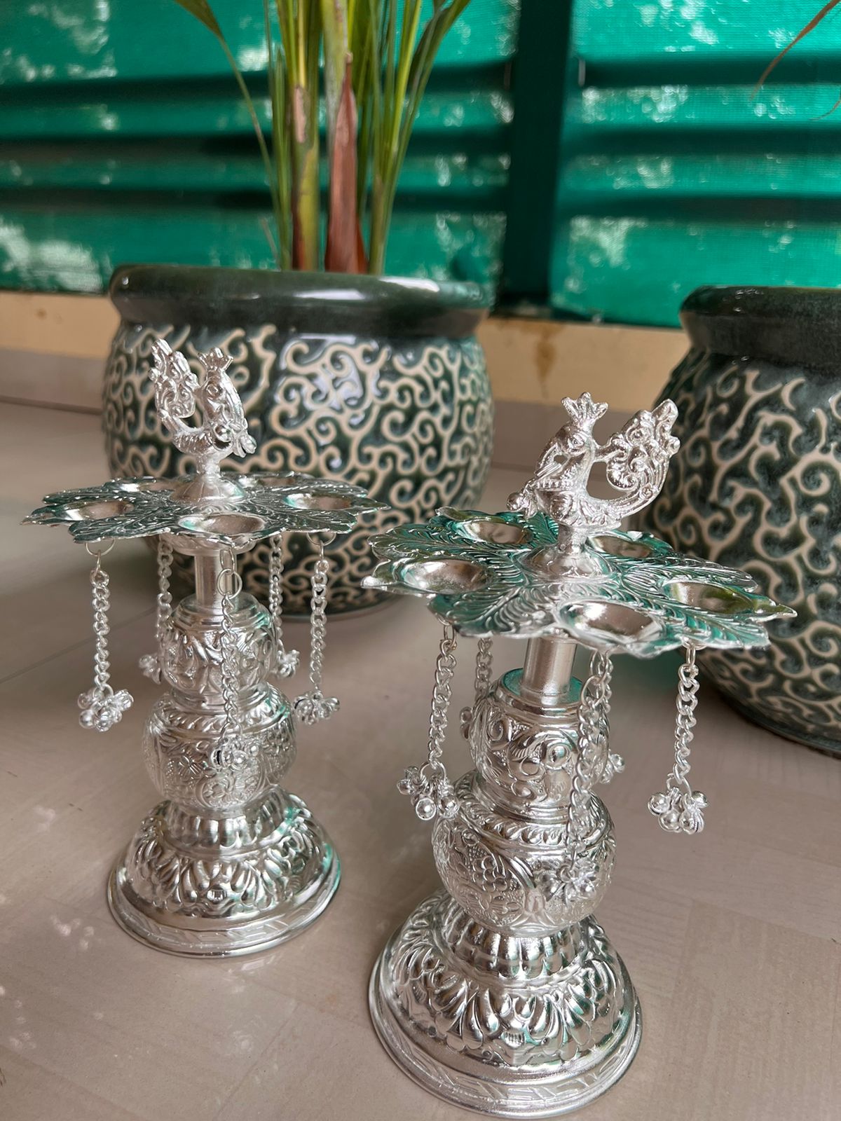 German Silver Set of 2 panchmukhi/5 Faces Peacock Diya Pair Set