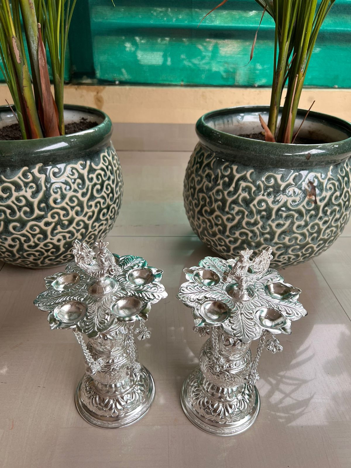 German Silver Set of 2 panchmukhi/5 Faces Peacock Diya Pair Set