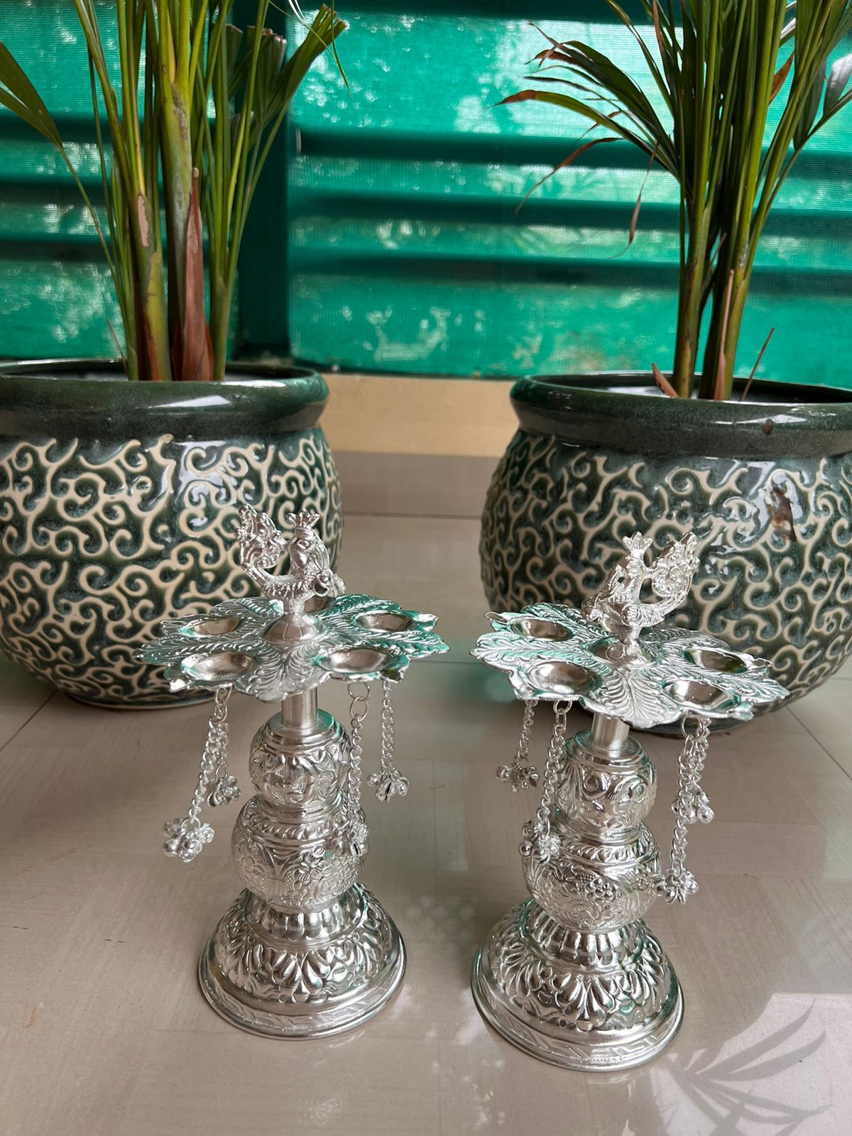 German Silver Set of 2 panchmukhi/5 Faces Peacock Diya Pair Set