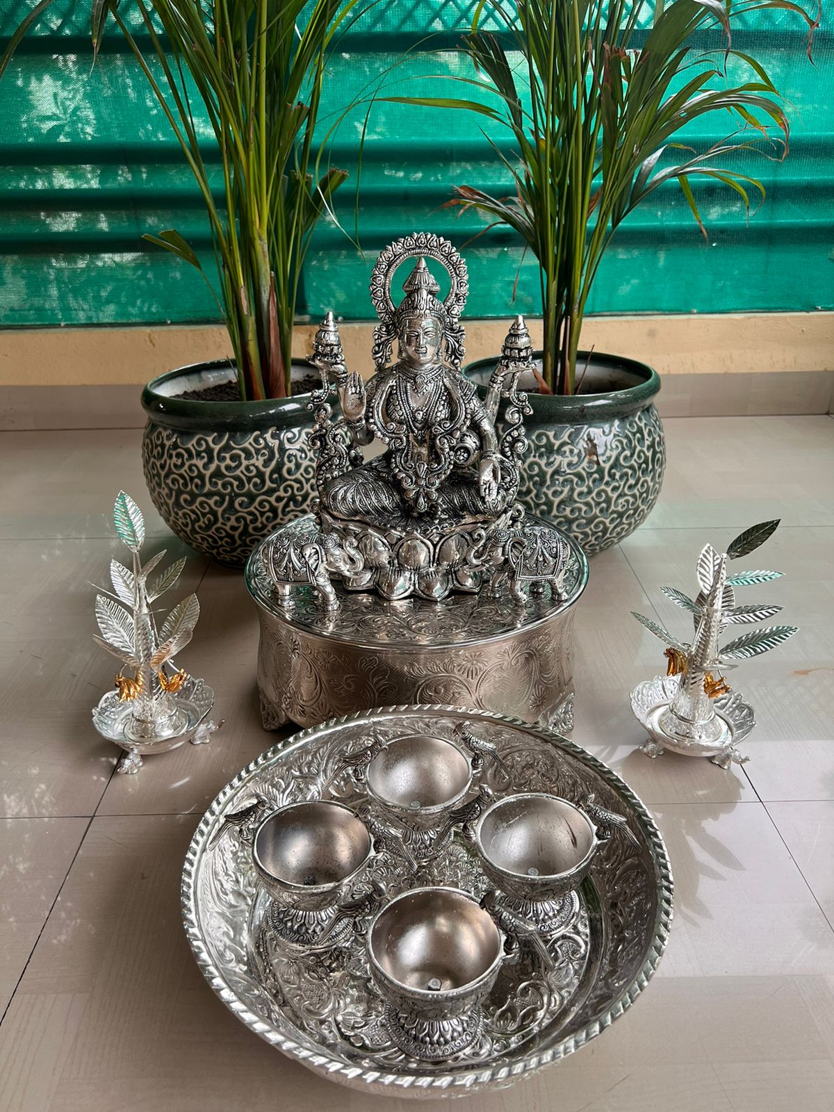 German silver and brass Vara Laxmi Murti Pooja set up - 14 pieces set pooja thali set