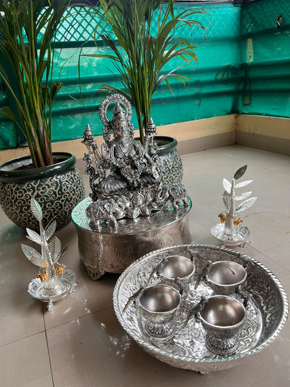 German silver and brass Vara Laxmi Murti Pooja set up - 14 pieces set pooja thali set