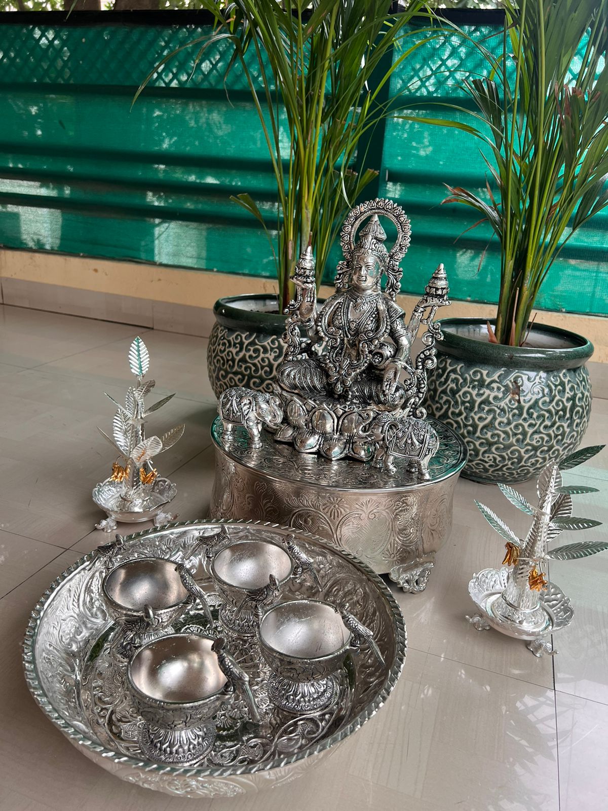 German silver and brass Vara Laxmi Murti Pooja set up - 14 pieces set pooja thali set