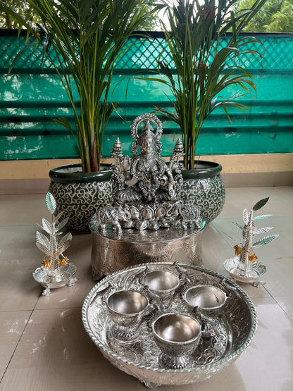 German silver and brass Vara Laxmi Murti Pooja set up - 14 pieces set pooja thali set