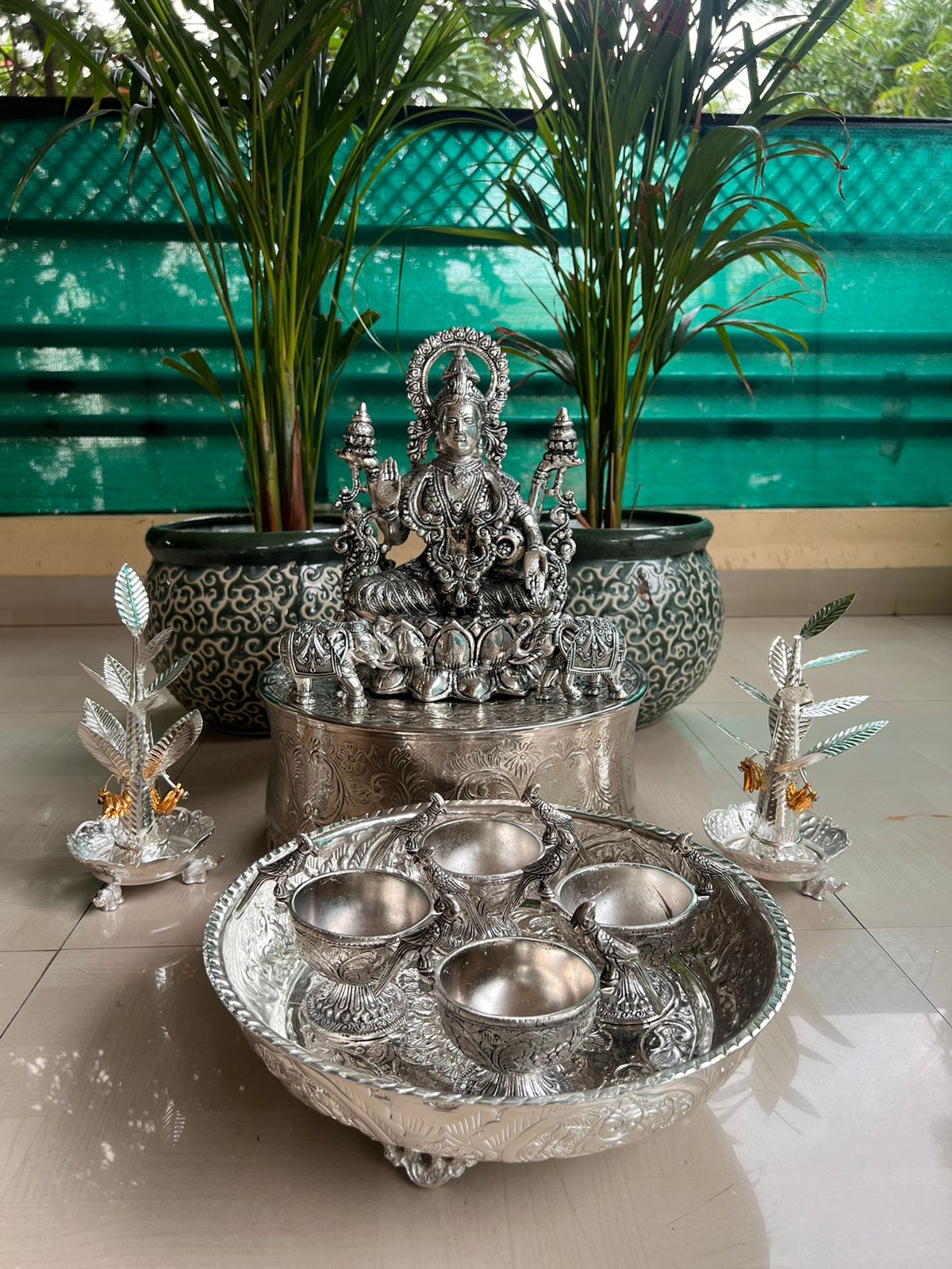 German silver and brass Vara Laxmi Murti Pooja set up - 14 pieces set pooja thali set