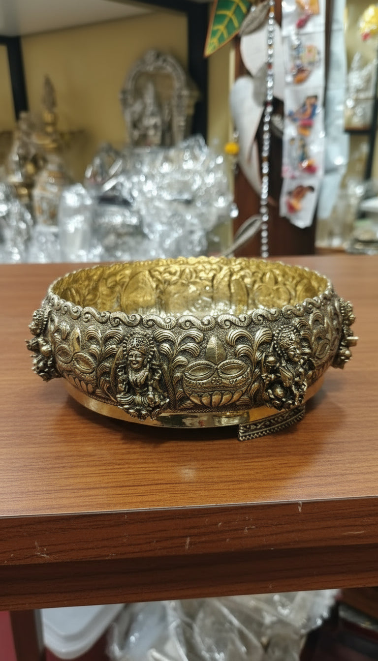 Antique Brass Finish premium quality Ashtalakshmi Design urli bowl 8 inches for home pooja/ decor