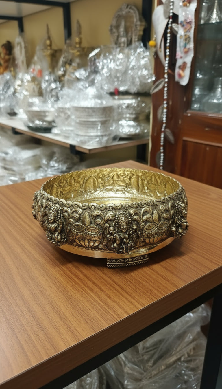 Antique Brass Finish premium quality Ashtalakshmi Design urli bowl 8 inches for home pooja/ decor