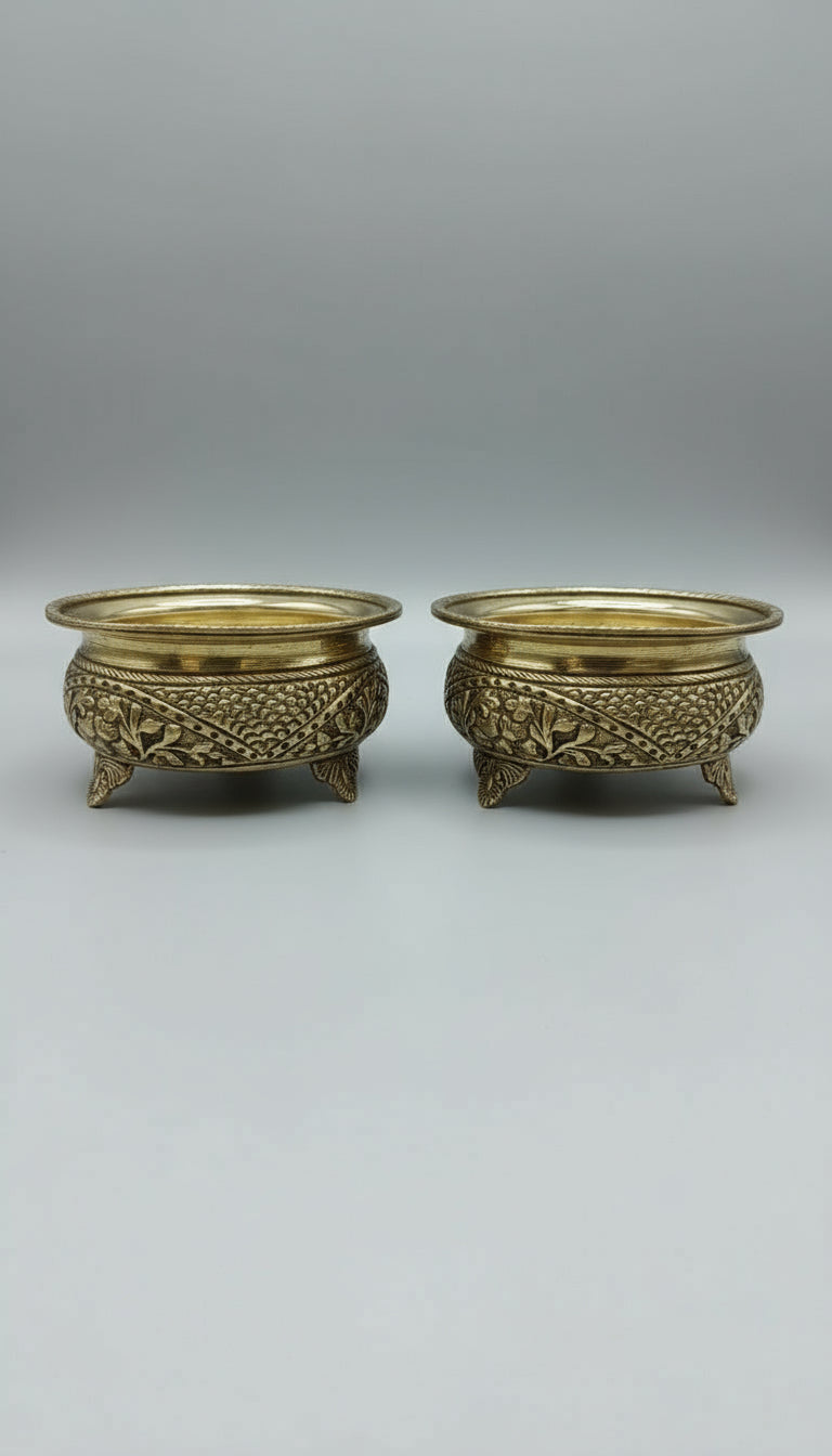 set of 2 brass fully carved antique finish bowl set for pooja/ snacks / gift item