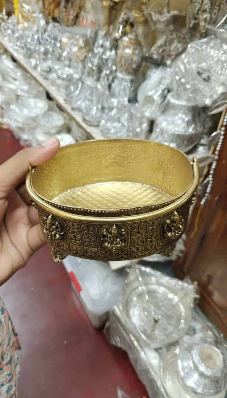 Antique Brass Finish Ashtalakshmi Design urli bowl/ Basket with handle ideal for Pooja Purpose