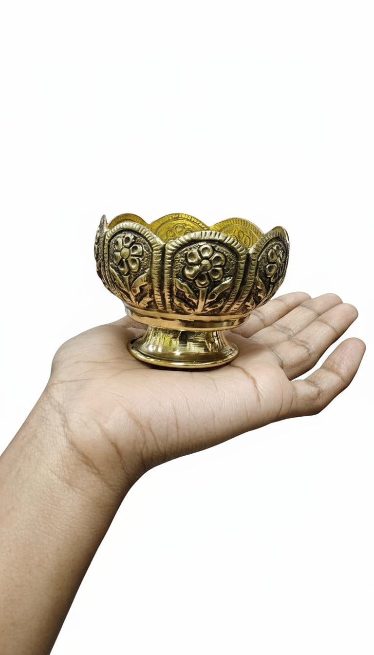 set of 2 Antique Brass Finish flower cut Bowls ideal for Pooja Purpose/ gift item