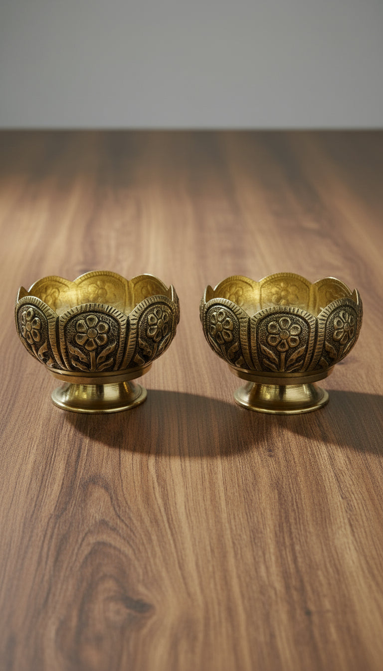 set of 2 Antique Brass Finish flower cut Bowls ideal for Pooja Purpose/ gift item